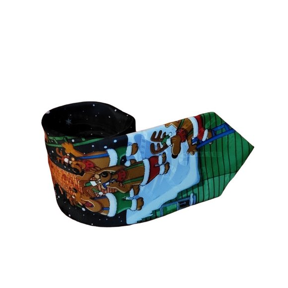 MMG Yule Hallmark Christmas Tie Navy Blue Santa Stuck in the Fireplace - Picture 4 of 12